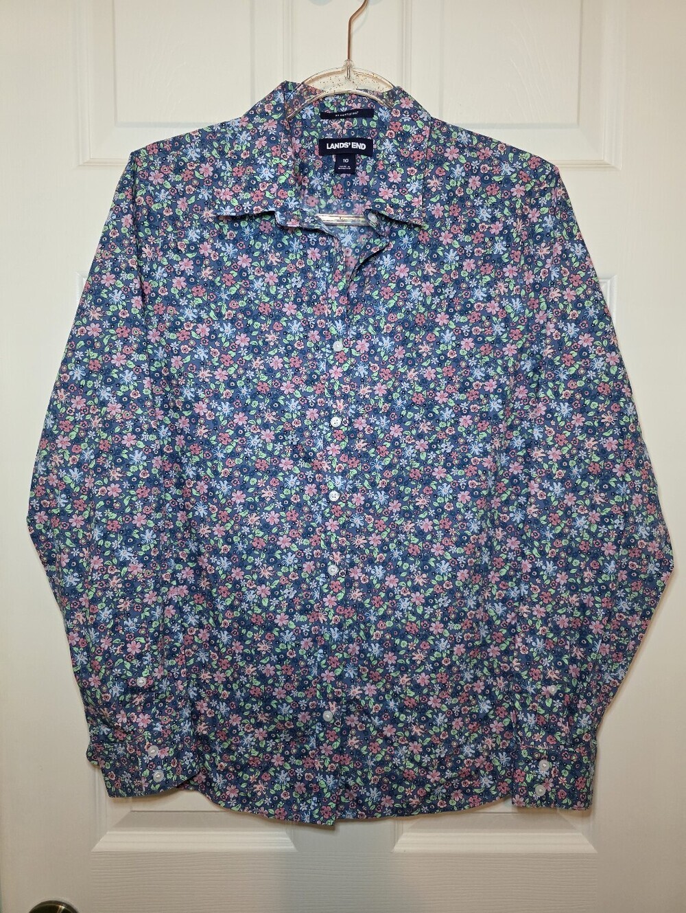 Lands End 10 Blue Pink Floral Long Sleeve No Iron Supima Cotton Top